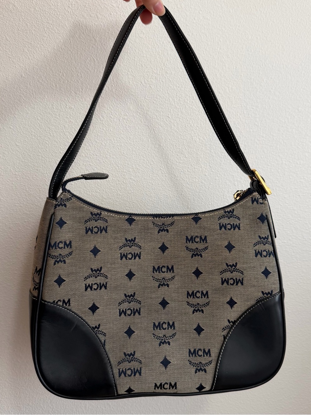 MCM VTG Beige Canvas Shoulder Bag with Black Leather Trim